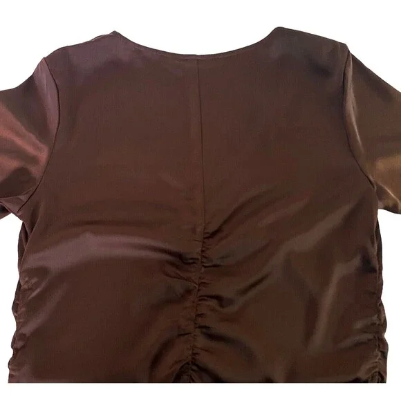 HM Satin Cinched Blouse Women's Medium Brown Trumpet Sleeves V-Neck Pullover - Picture 5 of 11